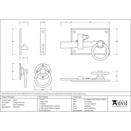 External Beeswax Cottage Latch - RH